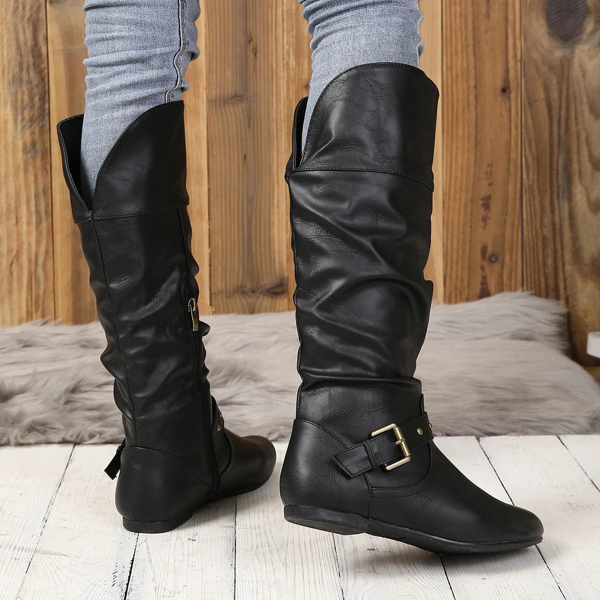 Vellavia Élodie Rider Boots – Retro Buckle Mid-Calf