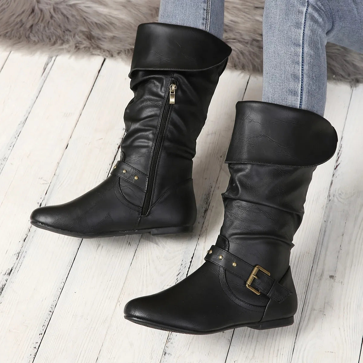 Vellavia Élodie Rider Boots – Retro Buckle Mid-Calf