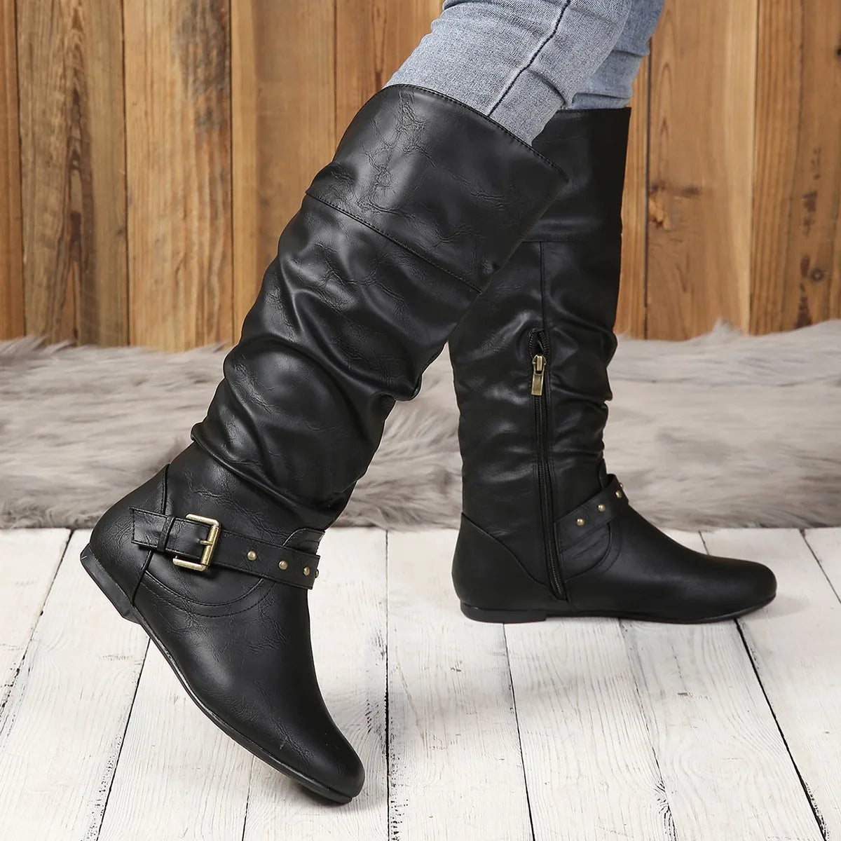 Vellavia Élodie Rider Boots – Retro Buckle Mid-Calf