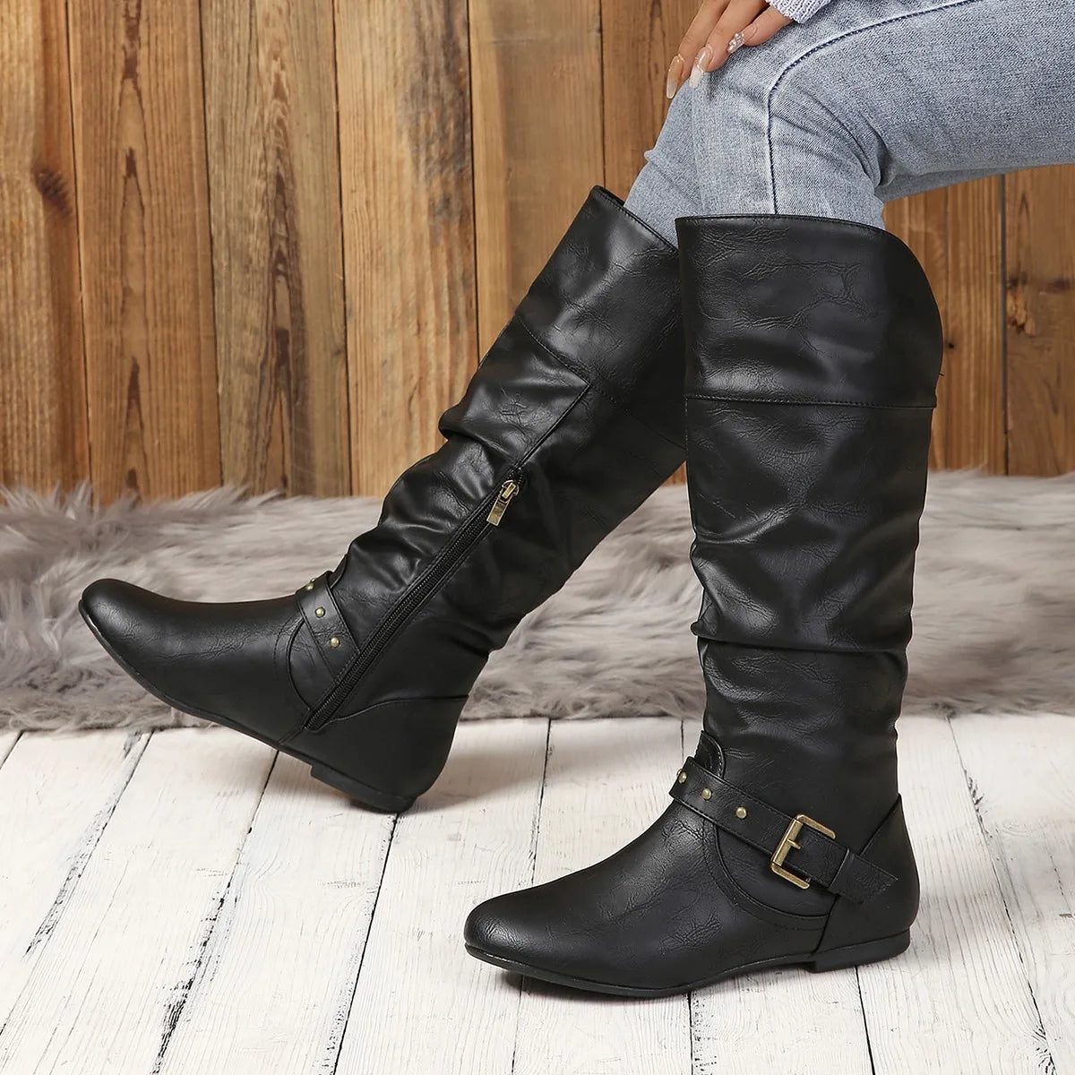 Vellavia Élodie Rider Boots – Retro Buckle Mid-Calf