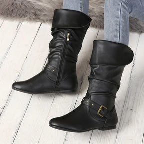 Vellavia Élodie Rider Boots – Retro Buckle Mid-Calf