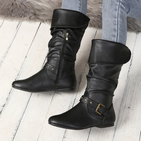 Vellavia Élodie Rider Boots – Retro Buckle Mid-Calf
